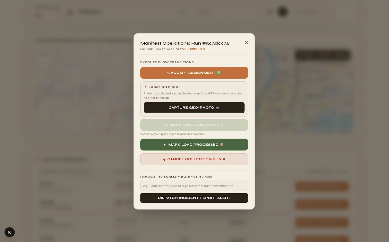 Crew hub geo-tagged pickup proof modal