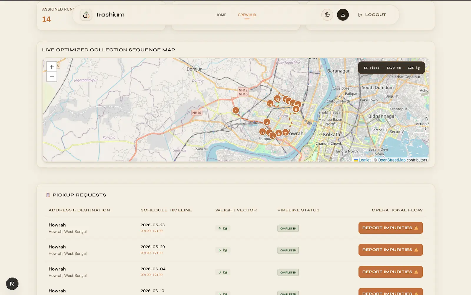 Crew hub showing the optimized collection route on a map