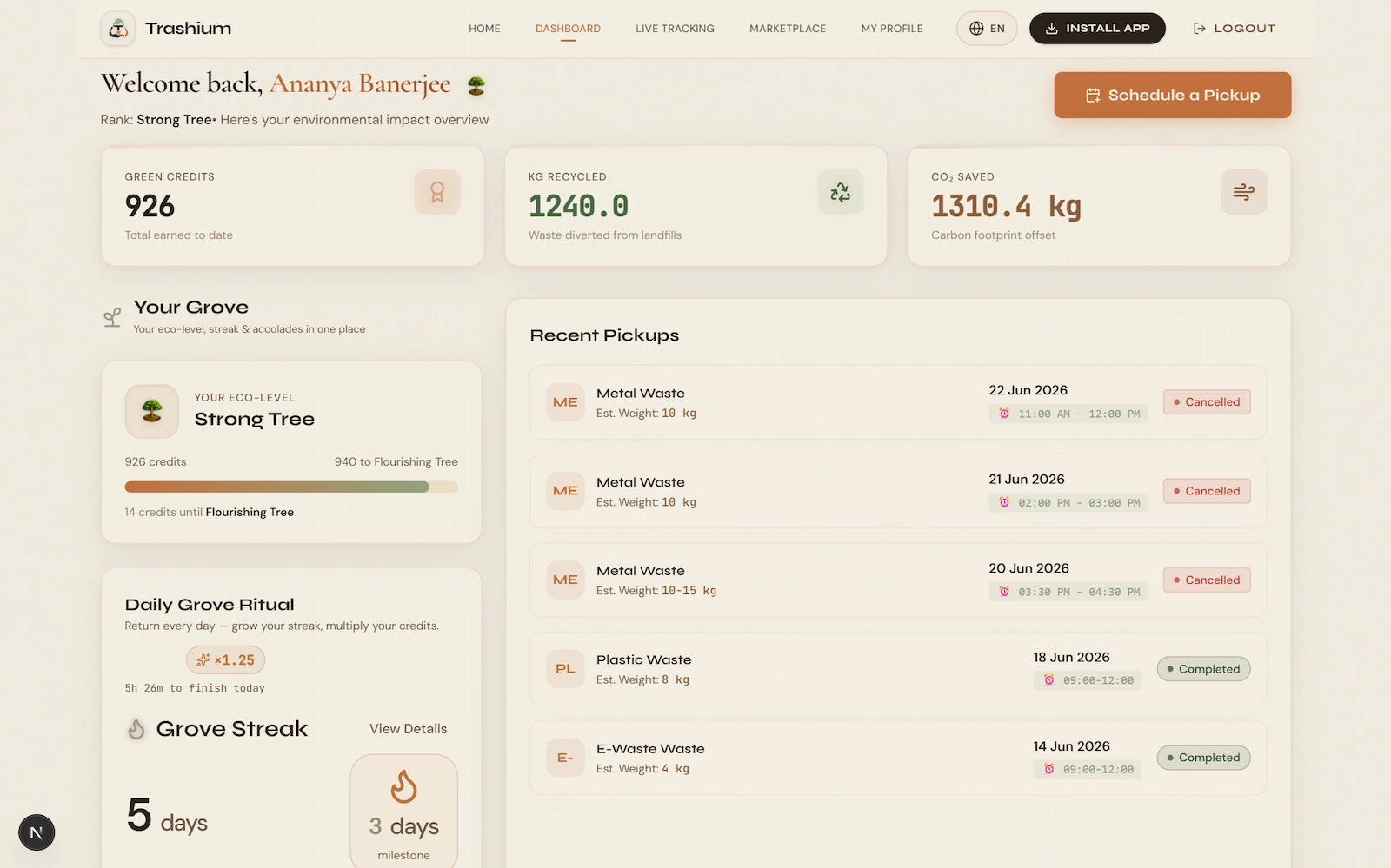 Household dashboard with eco-level progress and pickups